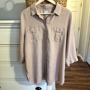 Chicos No Iron Linen Button Down Tunic Shirt 3/4 Sleeve Curved Hem